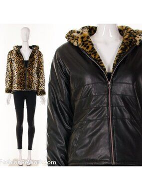 REVERSIBLE LEOPARD Coat Faux Fur Club Coat Rockabilly Jacket Grunge Coat Black L